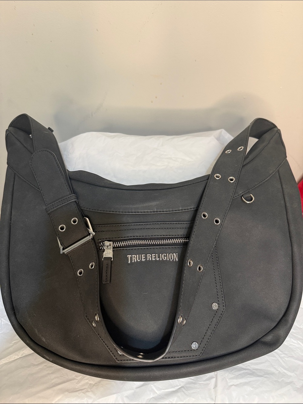 True Religion Black Crescent Shoulder Bag Grommet Strap